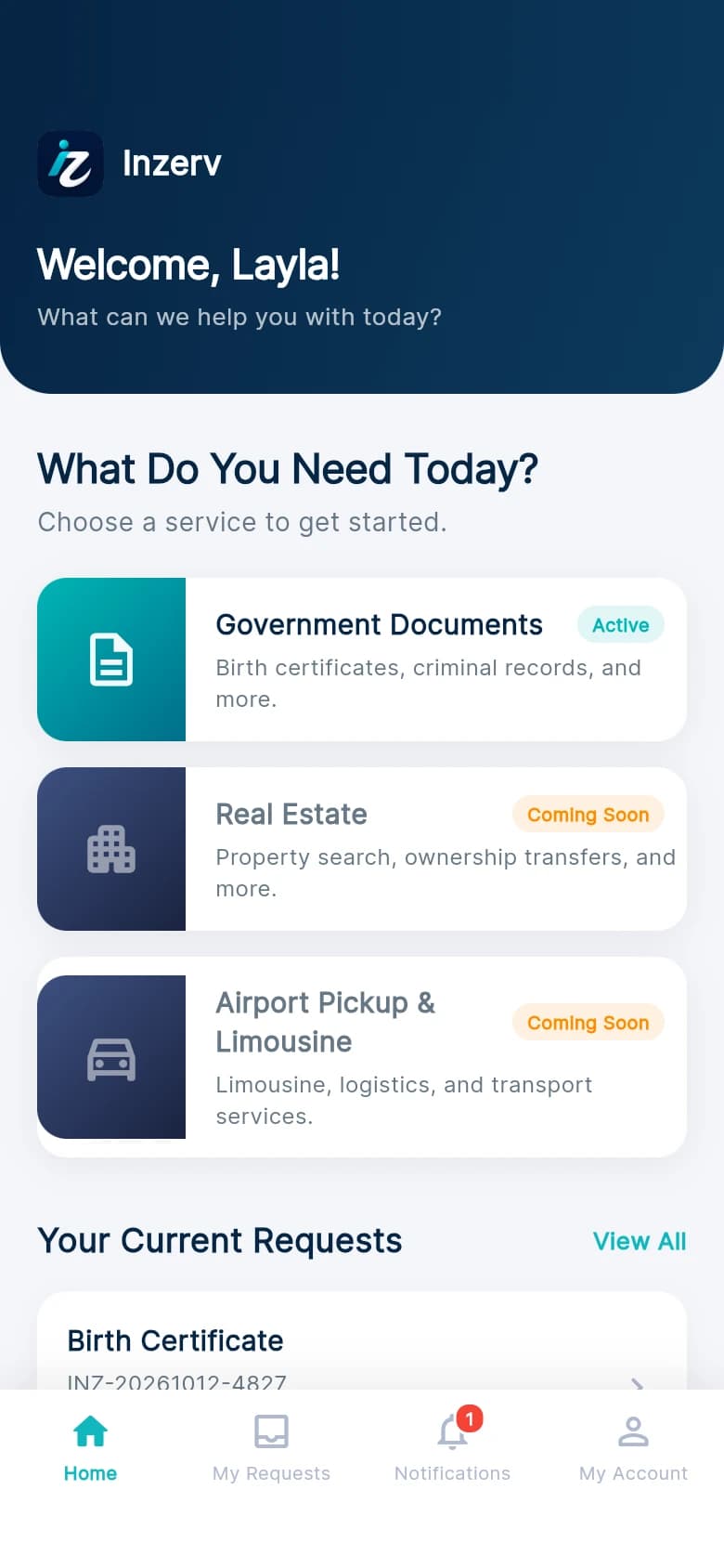 Screenshot of the Inzerv app: Home
